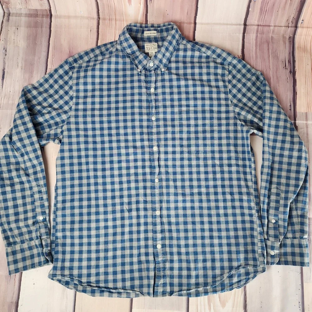 J Crew Mens Size XL Short Slim Untucked Cotton Stretch Secret Wash Shirt Gingham